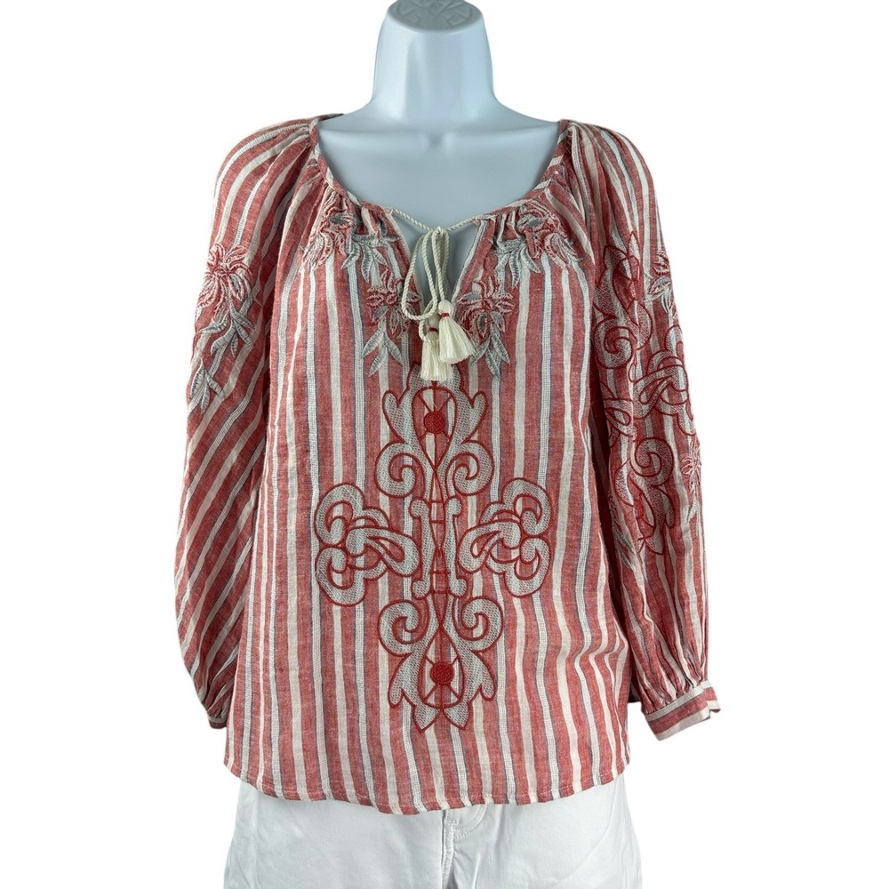 Anthropologie Akemi + Kin Blouse Womens Size XS‎ Red White Embroidered Boho Top